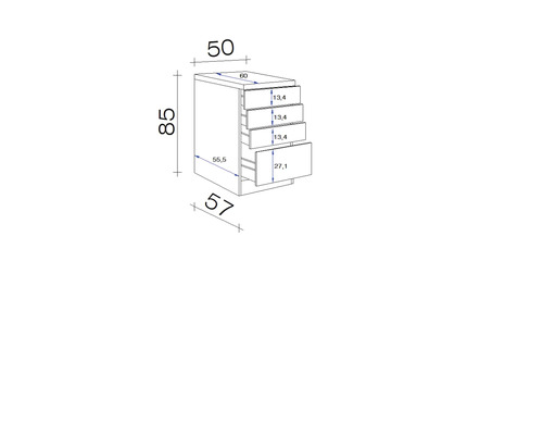 Schéma technique d''un meuble bas avec quatre tiroirs et indications de dimensions