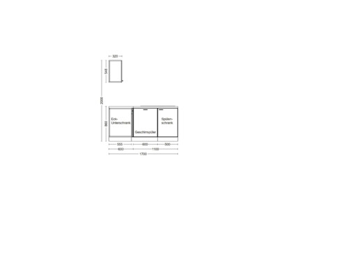 Schéma technique d''un meuble de cuisine avec meuble bas d''angle, lave-vaisselle et meuble d''évier avec dimensions