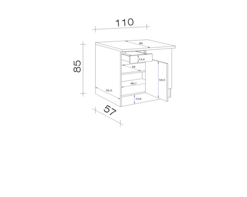 Dessin technique d''une armoire avec tiroir et porte, dimensions en centimètres