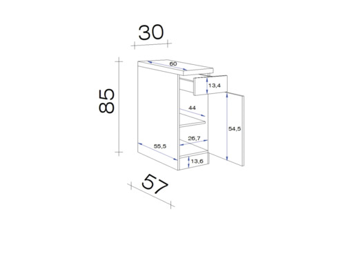 Dessin technique d''un meuble bas avec tiroir et porte, dimensions incluses