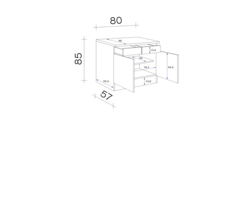 Schéma technique d''un meuble sous-lavabo avec dimensions.