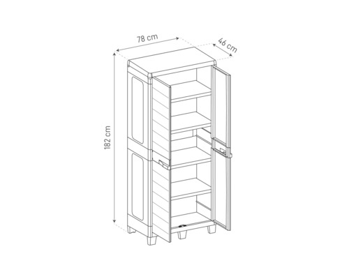 Image d''une armoire en plastique avec deux portes et des étagères, avec des indications de dimensions pour la hauteur, la largeur et la profondeur.