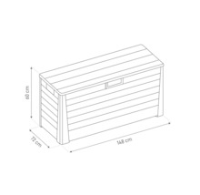 Dessin d''un coffre de jardin avec les dimensions de 148 cm de longueur, 72 cm de largeur et 60 cm de hauteur
