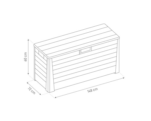 Dessin d''un coffre de jardin avec les dimensions de 148 cm de longueur, 72 cm de largeur et 60 cm de hauteur