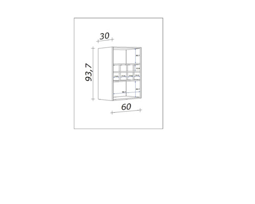 Masszeichnung eines Wandschranks mit Fächern, Höhe 93,7 cm, Breite 60 cm, Tiefe 30 cm
