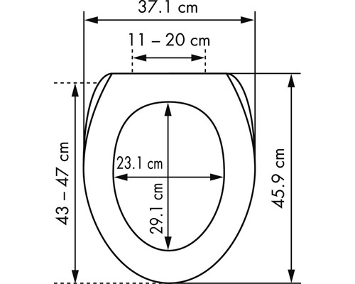 Technische Zeichnung eines WC-Sitzes mit Maßangaben