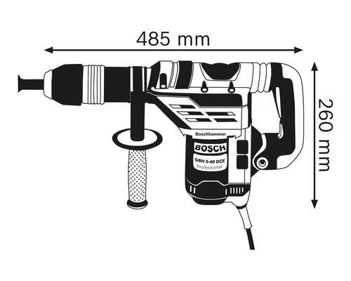 Abmessungen Bosch Bohrhammer GBH 5-40 DCE Professional: 485 mm Länge, 260 mm Höhe