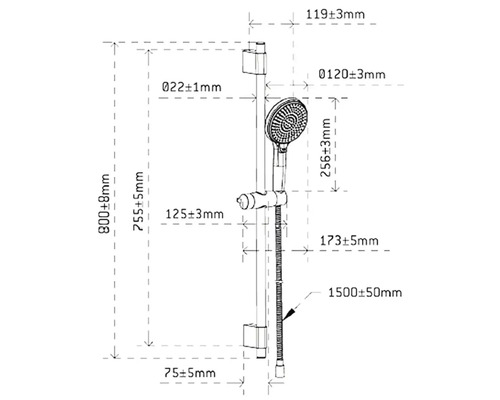 Schéma coté barre de douche avec douchette et flexible