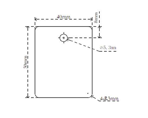 Dessin technique d''une plaque de 50 sur 40 millimètres avec un trou de perçage de 5,3 millimètres de diamètre