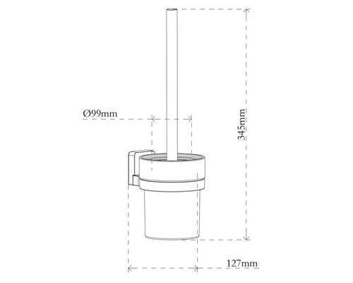 Technische Zeichnung einer Wand-WC-Bürstengarnitur mit den Massangaben: Durchmesser 99 Millimeter, Höhe 345 Millimeter, Tiefe 127 Millimeter