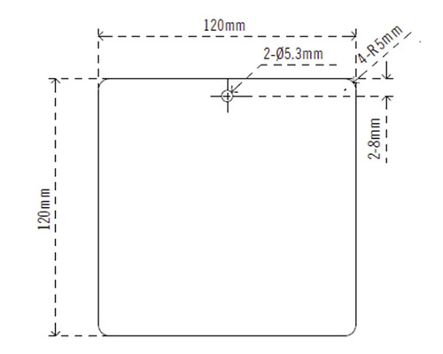 Dessin technique d''une plaque carrée mesurant 120 sur 120 millimètres