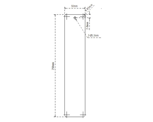 Dessin technique avec cotes d''un produit : 250 mm de long, 50 mm de large, perçages de 5,3 mm de diamètre.