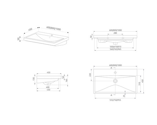 Schéma technique d''un lavabo avec dimensions
