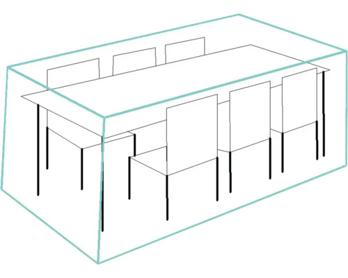 Illustration eines Esstisches mit Stühlen unter einer Abdeckung