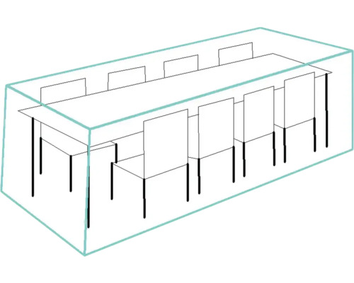 Zeichnung eines langen Tisches mit Stühlen in einem Raum