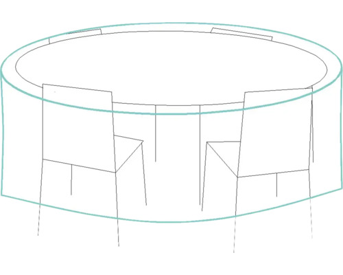 Skizze eines runden Tisches mit Stühlen und Schutzhülle