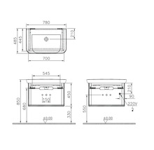 Schéma technique d''un meuble sous-lavabo avec dimensions