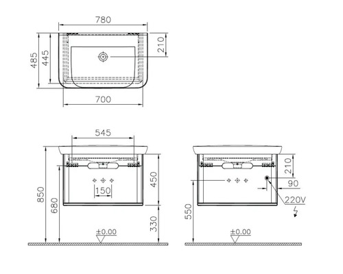 Schéma technique d''un meuble sous-lavabo avec dimensions