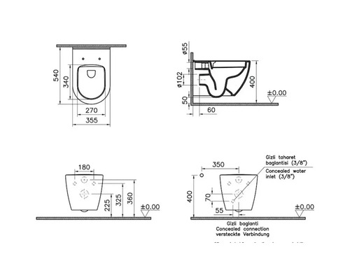 Schéma technique d'un WC suspendu avec dimensions