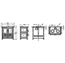 Technische Zeichnung eines Ofens mit Maßangaben