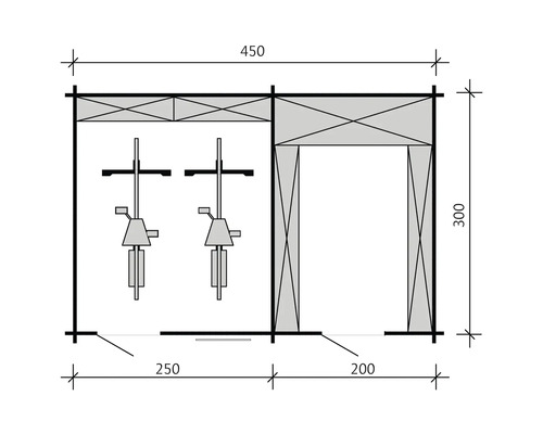 Schéma d''un abri de jardin avec des dimensions pour deux vélos et un espace ouvert.