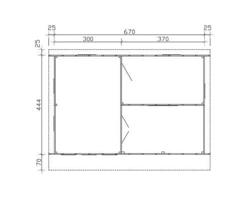 Grundrisszeichnung eines Gartenhauses mit Maßangaben