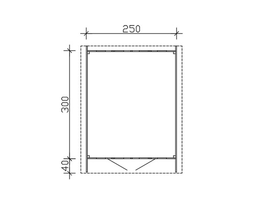 Technische Zeichnung einer Gartenbox mit den Maßen 250 x 300 x 40 Zentimeter.