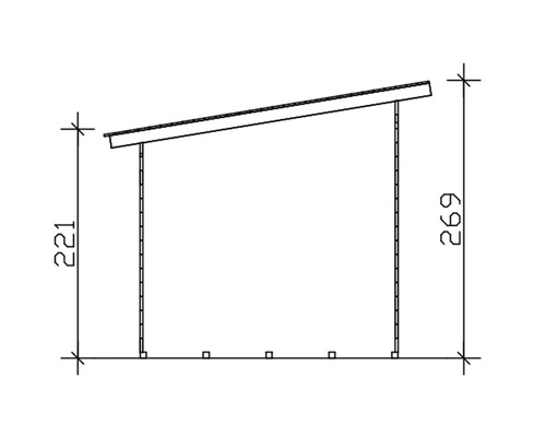 Schéma technique d''une cabane de jardin avec des dimensions de 221 cm de hauteur à l''avant et de 269 cm de hauteur à l''arrière