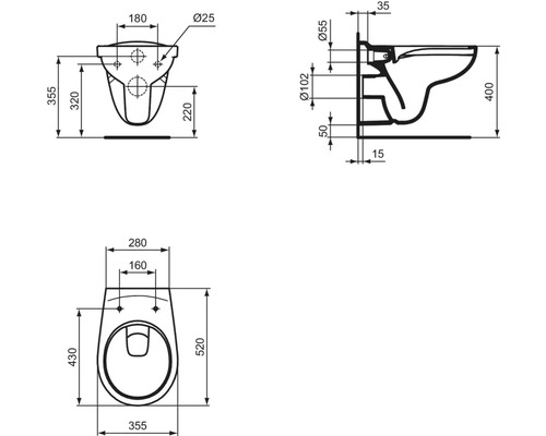 Schéma technique de toilettes suspendues avec toutes les dimensions