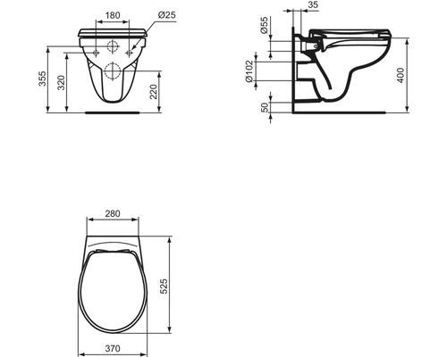 Technische Zeichnung eines Wand-WCs mit Abmessungen