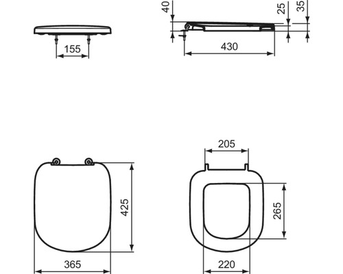 Technische Zeichnung eines WC-Sitzes mit Maßangaben