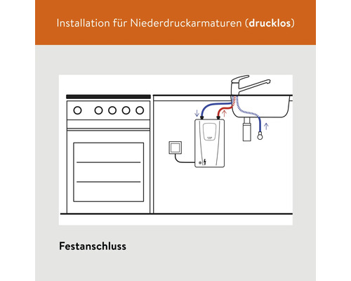 Schema einer Küchenspüle mit Niederdruckarmatur und Untertischgerät für Festanschluss