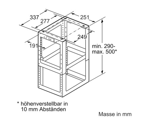 Dessin technique d''un cadre d''armoire haute réglable avec dimensions en millimètres