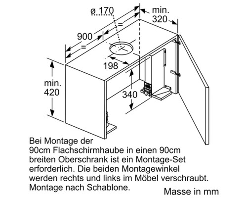Dessin technique d''une armoire murale pour hotte escamotable de 90 centimètres avec dimensions en millimètres.