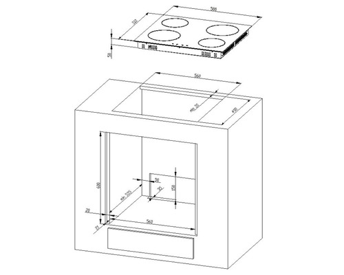 Schéma d''installation d''une plaque de cuisson avec des indications de dimensions pour l''installation dans un bloc de cuisine.