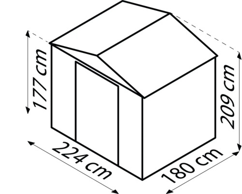 Illustration des dimensions d''une remise de jardin: 177 centimètres x 224 centimètres x 209 centimètres x 180 centimètres