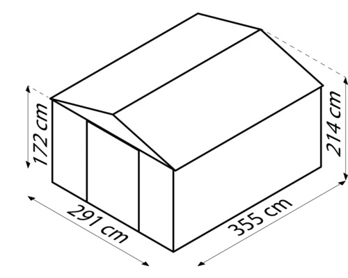 Schéma d''un abri de jardin mesurant 291 centimètres sur 355 centimètres et d''une hauteur de 172 centimètres à l''avant et de 214 centimètres à l''arrière