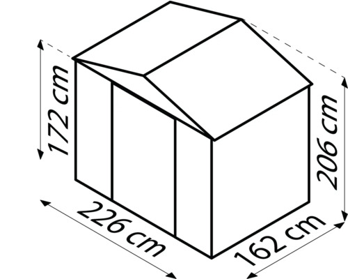 Illustration d''un abri de jardin avec dimensions : 172 cm de hauteur à l''avant, 206 cm de hauteur à l''arrière, 226 cm de largeur et 162 cm de profondeur