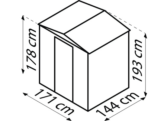 Illustration d''un abri de jardin avec les dimensions suivantes : 178 cm de hauteur, 171 cm de largeur, 193 cm de hauteur et 144 cm de largeur.