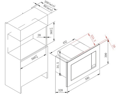 Dessin technique d''un four encastrable avec dimensions