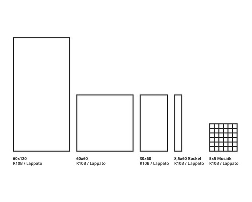 Différentes tailles de carreaux avec résistance au glissement R10B et surface Lappato