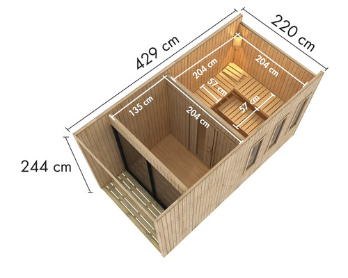 Représentation dimensionnelle d''un sauna de jardin avec vestiaire, hauteur 244 cm, longueur 429 cm, largeur 220 cm.
