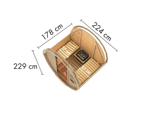 Innenansicht einer Fasssauna mit den Maßen 178 cm Breite, 224 cm Tiefe und 229 cm Höhe.