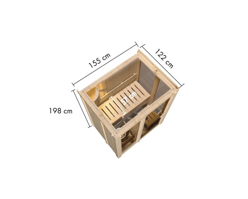 Sauna aus Holz mit den Maßen 155 cm mal 122 cm mal 198 cm
