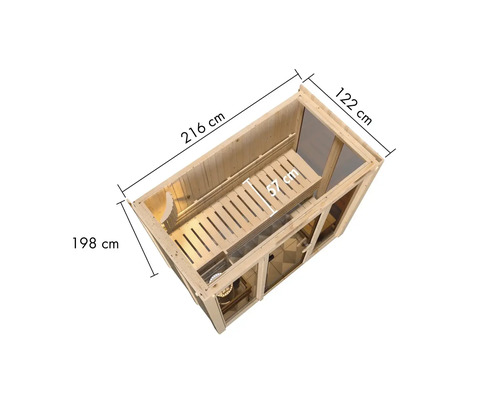 Sauna avec des dimensions de 216 centimètres de longueur, 122 centimètres de largeur et 198 centimètres de hauteur