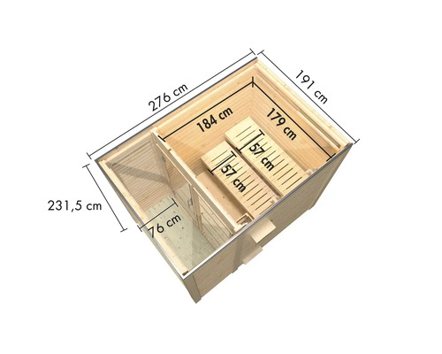 Vue de dessus du sauna mesurant 276 cm sur 231,5 cm, intérieur avec bancs mesurant 184 cm sur 179 cm et 57 cm de large