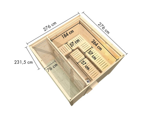 Illustration d''un sauna mesurant 276 sur 276 sur 231,5 centimètres