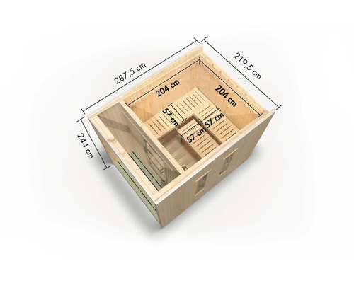 Plan d''une sauna en bois avec indications de dimensions
