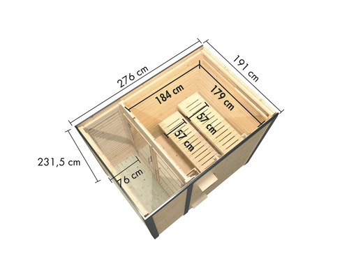 Vue de dessus d''un sauna avec des dimensions de 276 x 191 x 231,5 cm