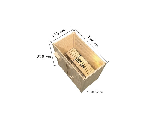 Dimensions d''un sauna de jardin en bois : 113 cm x 196 cm x 228 cm, avec marchepied de 27 cm et banc de 57 cm